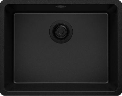 PRIMAGRAN Evier Sous Plan Tout Noir 56x44cm, Evier en Granit 1 bac + Kit de Vidage, Évier au meuble 60cm - Venise Easy