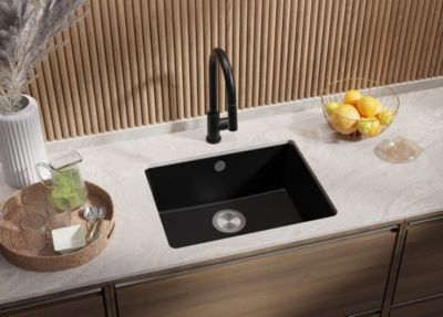 PRIMAGRAN Evier Sous Plan Tout Noir 56x44cm, Evier en Granit 1 bac + Kit de Vidage, Évier au meuble 60cm - Venise Easy