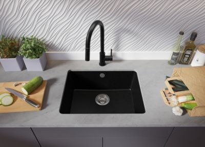 PRIMAGRAN Evier Sous Plan Tout Noir 56x44cm, Evier en Granit 1 bac + Kit de Vidage, Évier au meuble 60cm - Venise Easy
