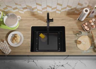 PRIMAGRAN Evier Sous Plan Tout Noir 56x44cm, Evier en Granit 1 bac + Kit de Vidage, Évier au meuble 60cm - Venise Easy