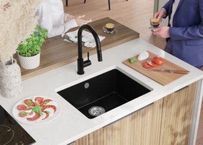 PRIMAGRAN Evier Sous Plan Tout Noir 56x44cm, Evier en Granit 1 bac + Kit de Vidage, Évier au meuble 60cm - Venise Easy