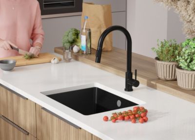 PRIMAGRAN Evier Sous Plan Tout Noir 56x44cm, Evier en Granit 1 bac + Kit de Vidage, Évier au meuble 60cm - Venise Easy