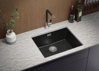 PRIMAGRAN Evier Sous Plan Tout Noir 56x47cm, Evier en Granit 1 bac + Kit de Vidage, Évier au meuble 60cm - London