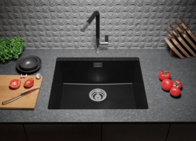 PRIMAGRAN Evier Sous Plan Tout Noir 56x47cm, Evier en Granit 1 bac + Kit de Vidage, Évier au meuble 60cm - London