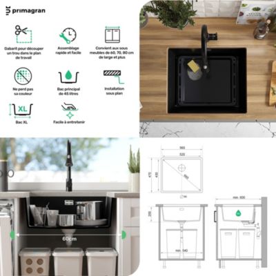 PRIMAGRAN Evier Sous Plan Tout Noir 56x47cm, Evier en Granit 1 bac + Kit de Vidage, Évier au meuble 60cm - London