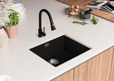 PRIMAGRAN Evier Sous Plan Tout Noir 56x47cm, Evier en Granit 1 bac + Kit de Vidage, Évier au meuble 60cm - London