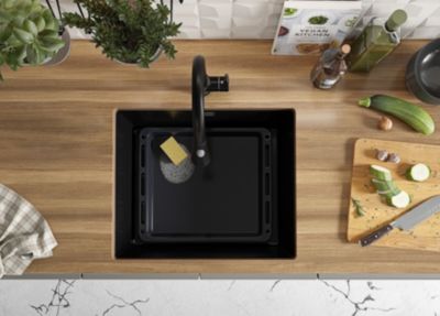 PRIMAGRAN Evier Sous Plan Tout Noir 56x47cm, Evier en Granit 1 bac + Kit de Vidage, Évier au meuble 60cm - London