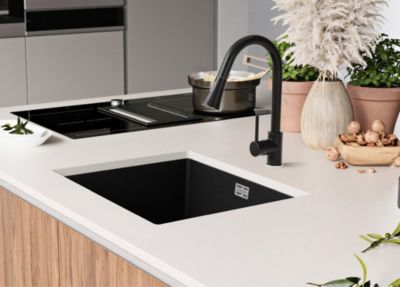 PRIMAGRAN Evier Sous Plan Tout Noir 56x47cm, Evier en Granit 1 bac + Kit de Vidage, Évier au meuble 60cm - London