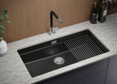 PRIMAGRAN Evier Sous Plan Tout Noir 86x47cm, Evier en Granit 1 bac + Kit de Vidage + Accessoires, Évier au meuble 90cm - Prague