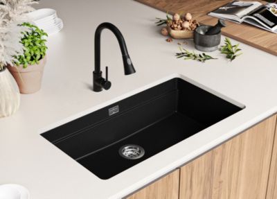 PRIMAGRAN Evier Sous Plan Tout Noir 86x47cm, Evier en Granit 1 bac + Kit de Vidage + Accessoires, Évier au meuble 90cm - Prague