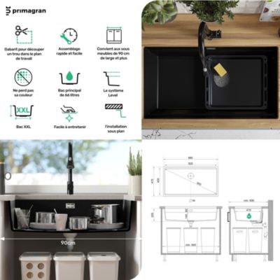 PRIMAGRAN Evier Sous Plan Tout Noir 86x47cm, Evier en Granit 1 bac + Kit de Vidage + Accessoires, Évier au meuble 90cm - Prague