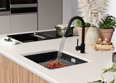 PRIMAGRAN Evier Sous Plan Tout Noir 86x47cm, Evier en Granit 1 bac + Kit de Vidage + Accessoires, Évier au meuble 90cm - Prague