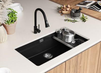 PRIMAGRAN Evier Sous Plan Tout Noir 86x47cm, Evier en Granit 1 bac + Kit de Vidage + Accessoires, Évier au meuble 90cm - Prague
