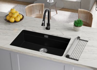 PRIMAGRAN Evier Sous Plan Tout Noir 86x47cm, Evier en Granit 1 bac + Kit de Vidage + Accessoires, Évier au meuble 90cm - Prague