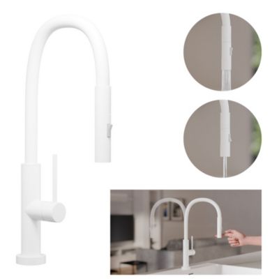 PRIMAGRAN Robinet de cuisine 6030, Robinet d'évier rotation 360 degrés, Robinet haute pression, avec bec flexible FLEX, Blanc