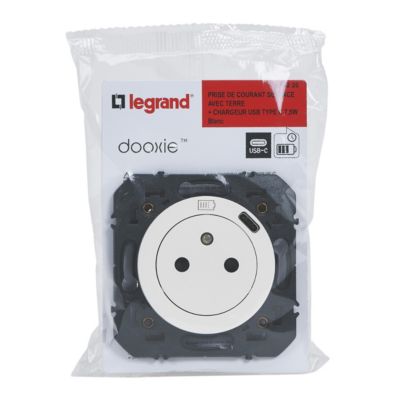 Prise 2 pôles + terre + Prise USB-C Legrand Dooxie blanc carrée