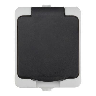 Prise avec terre étanche en saillie gris complet - H 7,6 cm / L 5,5 cm / P 4,3 cm