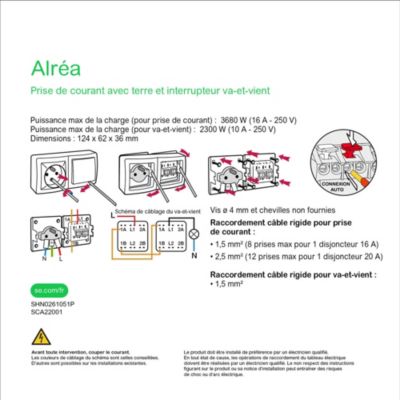 Prise avec terre + interrupteur va-et-vient complets saillie Schneider Electric Alréa blanc