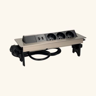 Prise plan de travail AURA - Bloc 3 prises + 2 USB-A rétractable inox