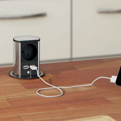Prise plan de travail SUTTON - Bloc 1 prise rétractable + 2 USB-A inox brossé