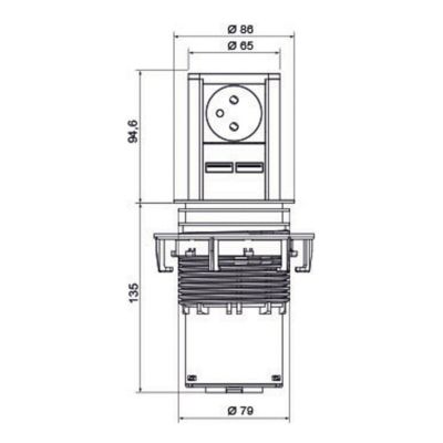 Prise plan de travail SUTTON - Bloc 1 prise rétractable + 2 USB-A inox brossé