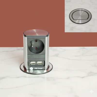 Prise plan de travail SUTTON - Bloc 1 prise rétractable + 2 USB-A inox brossé