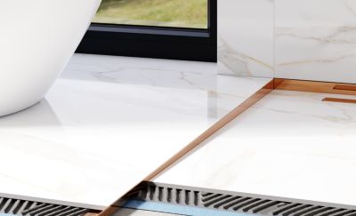 Profil de douche Ilcom LKL en acier inoxydable pour sol côté gauche Cuivre poli - 11mm x 1800mm x 0,65 ep.
