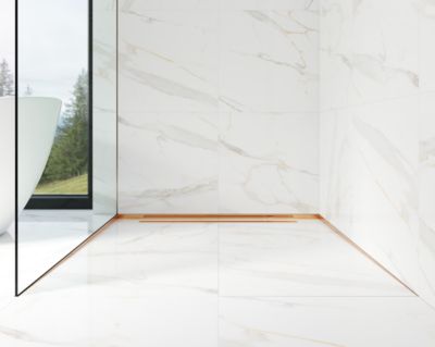 Profil de douche Ilcom LKL en acier inoxydable pour sol côté gauche Cuivre poli - 11mm x 1800mm x 0,65 ep.