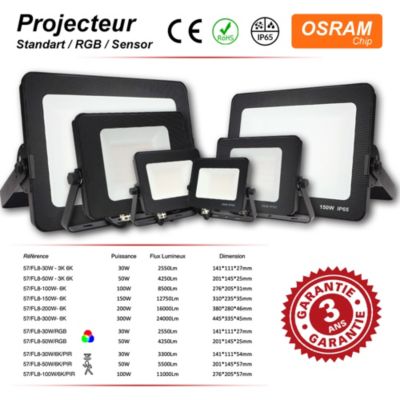 Projecteur LED 50W Noir Etanche IP65 Forte luminosité 5500 Lumens Blanc froid 6000K atelier garage jardin terrain de sport