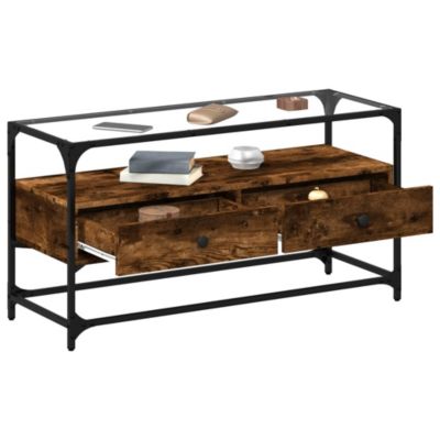 Prolenta Premium -  Meuble TV avec dessus en verre chêne fumé bois d'ingénierie