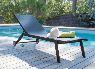 PROLOISIRS Lot de 2 Lits de soleil empilable Florence + Roues - graphite/bleu - Alu/Toile TPEP