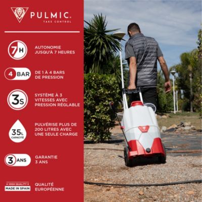PULMIC Pulvérisateur a Batterie 35L,7h d'Autonomie,Pression Réglable jusqu'à 4 Bars,Toiture Longue Portée avec Tuyau de 6m