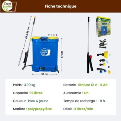 Pulvérisateur électrique à dos - Chargeur inclus - 16 L - 4,5 Bar - TERRE JARDIN