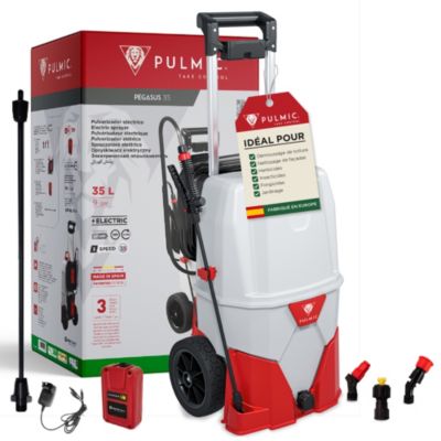 Pulverisateur a batterie 35 litres PULMIC, autonomie 7 h, pression reglable 4 bar, tuyau 6 m, longue portee pour toiture et facade