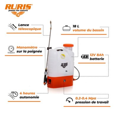 Pulverisateur electrique RURIS 1800rs, reservoir 18 L, batterie 12V 8 Ah, lance telescopique, autonomie 4 h, traitements verger et
