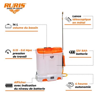 Pulverisateur electrique RURIS RSE 1400S, reservoir 14 L, batterie 12V 8 Ah, lance telescopique metal, pression 6 bars, verger et