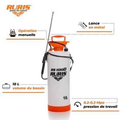 Pulverisateur manuel RURIS RS 1000S, reservoir pratique, pression prealable, lance reglable, poignee ergonomique, traitements