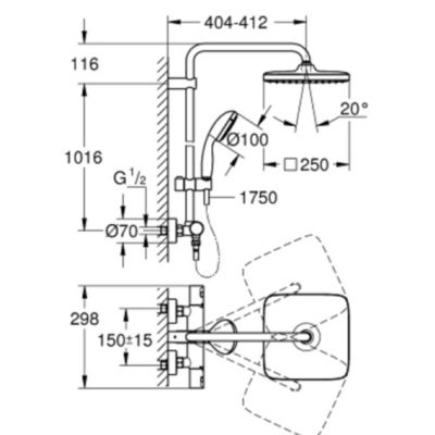 Quickfix Colonne de douche thermostatique XXL Cube 250 + Douchette 2 jets, Chrome (26696022)