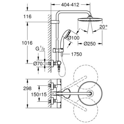 Quickfix Colonne de douche thermostatique XXL Round 250 + Douchette 2 jets, Chrome (26816022)