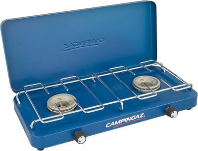 Réchaud de Camping Compact 2 Brûleurs Gaz 1600W avec Couvercle et Grille Amovible pour Cuisine Extérieure Portable