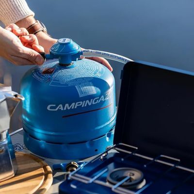 Réchaud de Camping Compact 2 Brûleurs Gaz 1600W avec Couvercle et Grille Amovible pour Cuisine Extérieure Portable