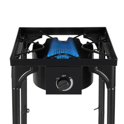 Réchaud à Gaz 1 feu 4500W 4 pieds modulables 3 Hauteurs Bruleur en fonte - Cuisine Extérieure 40 x 40 x H78cm Allumage Piezo