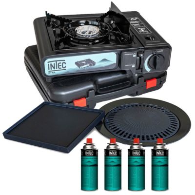Réchaud à Gaz INTEC ETNA 2200W – Avec Plancha, Grill, 4 Cartouches, Allumage Piézo, Mallette