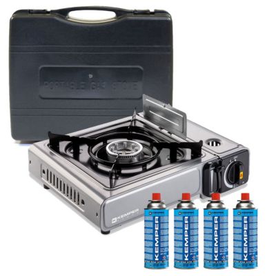 Réchaud à gaz 2200W INOX + 4 cartouches de gaz Double système de sécurité Puissance réglable KEMPER