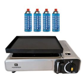 Réchaud gaz et plancha à gaz 2en1 2200W + 4 cartouches de gaz KEMPER