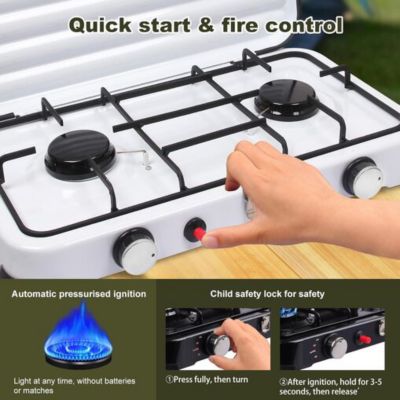 Réchaud Gaz Camping 2 Feux – 2,2 KW Par Brûleur, Allumage Piézo, Tuyau PVC 150 Cm + Régulateur 37 Mbar, Couvercle Amovible