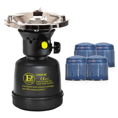 Réchaud à gaz portable 1300W + 4 cartouches 190gr Allumage Auto & Sécurisé - Réchaud Camping Vanlife Flamme réglable Black COOK