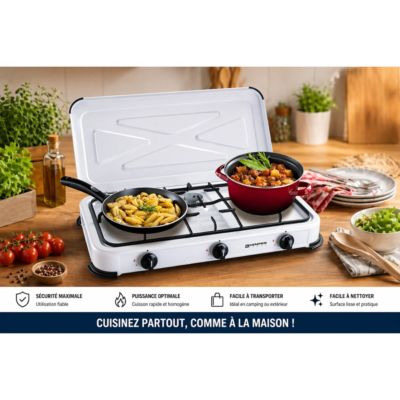 Réchaud gaz portable 3 feux 3450W Blanc laqué Couvercle Plaque de cuisson KEMPER