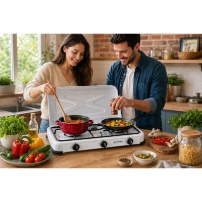 Réchaud gaz portable 3 feux 3450W Blanc laqué Couvercle Plaque de cuisson KEMPER