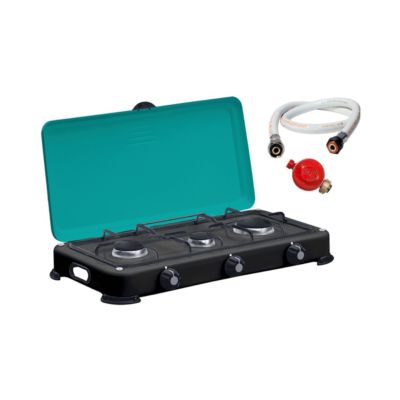 Réchaud à gaz portable 3 feux 4100W Brûleurs + Grille en Fonte amovibles + Tuyau gaz + détendeur Propane GOLD III INTEC